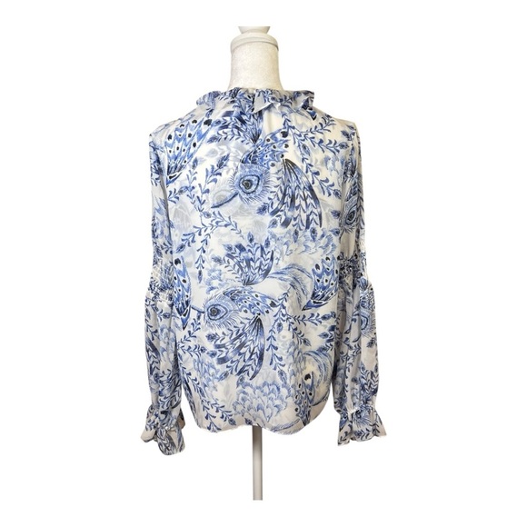 MISA Los Angeles Blue Feather Chiffon Tie-Front Boho Peasant Blouse Dressy Sz S - Picture 3 of 12